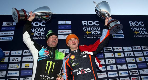 Petter and Oliver Solberg celebrate after winning the Race of Champions Nations Cup.