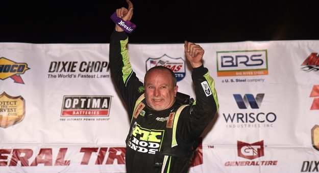 Jimmy Owens celebrates his victory Saturday at All-Tech Raceway. (Paul Arch Photo)