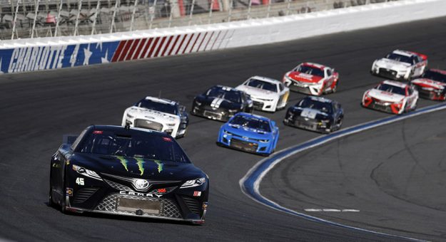 Kurt Busch (45) leads a group of NASCAR Next Gen cars during testing at Charlotte Motor Speedway. (HHP/Andrew Coppley Photo)