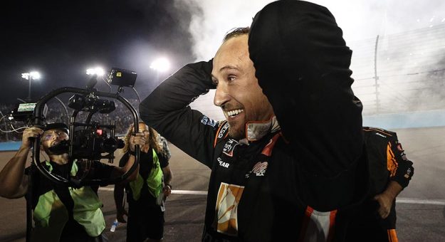 AVONDALE, ARIZONA - NOVEMBER 06: Daniel Hemric, driver of the #18 Poppy Bank Toyota, reacts after winning the NASCAR Xfinity Series Championship at Phoenix Raceway on November 06, 2021 in Avondale, Arizona. (Photo by Chris Graythen/Getty Images) | Getty Images