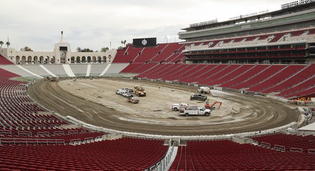 LOS ANGELES, CALIFORNIA - DECEMBER 21: Construction takes place in preparation for the NASCAR's Busch Light Clash at the Coliseum at Los Angeles Coliseum on December 21, 2021 in Los Angeles, California. (Photo by Meg Oliphant/Getty Images) | Getty Images