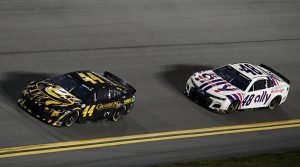 Greg Biffle (44) drafts with Alex Bowman during the second Bluegreen Vacations Duel race Thursday at Daytona International Speedway. (HHP/Tim Parks Photo)