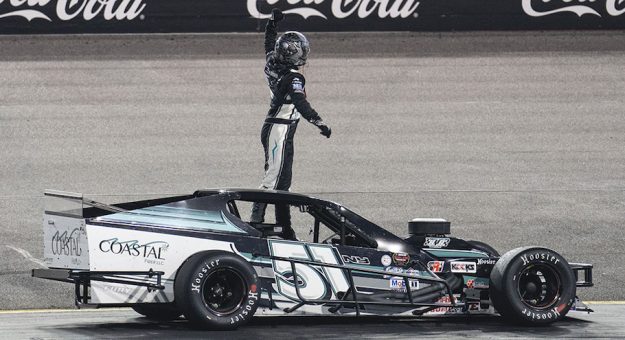 Justin Bonsignore, driver of the #51 Phoenix Communications, Inc., celebrates after winning the Virginia Is For Racing Lovers 150 for the NASCAR Whelen Modified Tour at Richmond Raceway in Richmond, Virginia on April 1, 2022. (Sanjay Suchak/NASCAR)