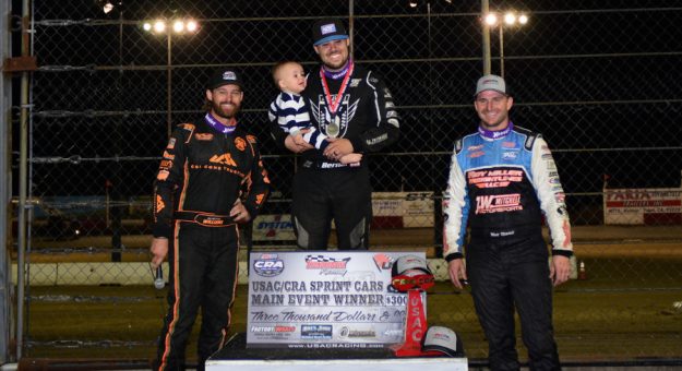 Ryan Bernal (center) is joined on the USAC-CRA podium by Austin Williams (left) and Matt Mitchell. (Paul Trevino photo)