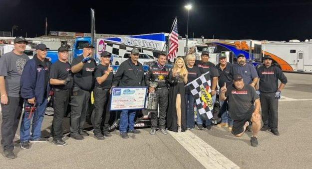 Jacob Gomes and his crew in victory lane at Kern County Raceway Park. (SRL photo)