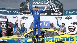 DARLINGTON, SOUTH CAROLINA - MAY 07: Justin Allgaier, driver of the #7 Hellmann's Chevrolet, celebrates in the Ruoff Mortgage victory lane after winning the NASCAR Xfinity Series Mahindra ROXOR 200 at Darlington Raceway on May 07, 2022 in Darlington, South Carolina. (Photo by James Gilbert/Getty Images) | Getty Images