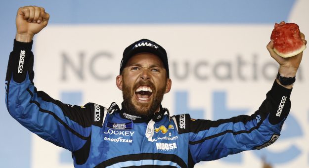 CONCORD, NORTH CAROLINA - MAY 27: Ross Chastain, driver of the #41 Worldwide Express Chevrolet, celebrates in victory lane after winning the NASCAR Camping World Truck Series North Carolina Education Lottery 200 at Charlotte Motor Speedway on May 27, 2022 in Concord, North Carolina. (Photo by Jared C. Tilton/Getty Images) | Getty Images