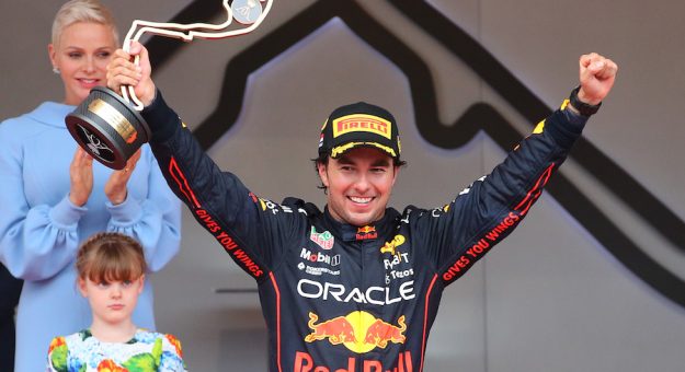 MONTE-CARLO, MONACO - MAY 29: Race winner Sergio Perez of Mexico and Oracle Red Bull Racing celebrates on the podium during the F1 Grand Prix of Monaco at Circuit de Monaco on May 29, 2022 in Monte-Carlo, Monaco. (Photo by Eric Alonso/Getty Images)