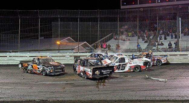 Codie Rohrbaugh (9), Cody Erickson (41), Jett Noland (45), Chase Briscoe (04) Donny Schatz (17) after the big one during the feature for the NCWTS Corn Belt 150 Presented by Premier Chevy Dealers at Knoxville at Knoxville in Knoxville, Iowa.