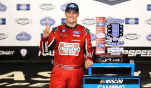 LEBANON, TENNESSEE - JUNE 24: Ryan Preece, driver of the #17 Hunt Brothers Pizza Ford, celebrates in victory lane after winning  the NASCAR Camping World Truck Series Rackley Roofing 200 at Nashville Superspeedway on June 24, 2022 in Lebanon, Tennessee. (Photo by Meg Oliphant/Getty Images)
