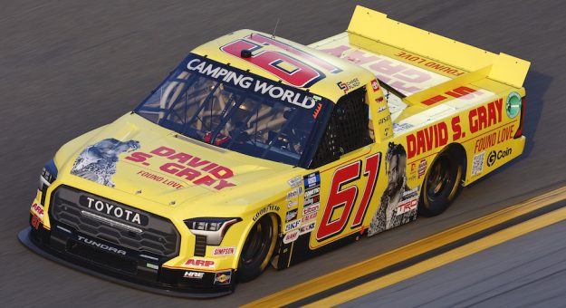 DAYTONA BEACH, FLORIDA - FEBRUARY 17: Chase Purdy, driver of the #61 David S Gray: Found Love Toyota, drives during practice for the NASCAR Camping World Truck Series NextEra Energy 250 at Daytona International Speedway on February 17, 2022 in Daytona Beach, Florida. (Photo by Jared C. Tilton/Getty Images) | Getty Images