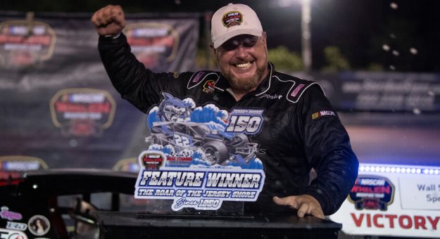 Jimmy Blewett, driver of the #7 John Blewett Inc car wins and celebrates during the Jersey Shore 150 for the Whelen Modified Tour at Wall Stadium Speedway on July 9, 2022 in Wall Township, New Jersey. (Kostas Lymperopoulos/NASCAR)