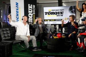 Scott Atherton Champagne toast on the Torque Show, Tommy Kendall, Justin Bell, #31 Whelen Engineering Racing Cadillac DPi, DPi: Felipe Nasr, Pipo Derani, Eric Curran