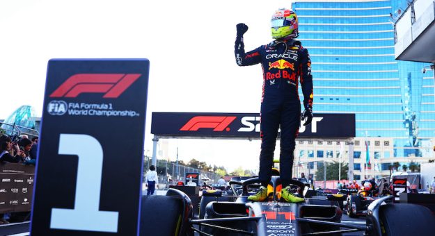 BAKU, AZERBAIJAN - APRIL 29: Sprint winner Sergio Perez of Mexico and Oracle Red Bull Racing celebrates in parc ferme during the Sprint ahead of the F1 Grand Prix of Azerbaijan at Baku City Circuit on April 29, 2023 in Baku, Azerbaijan. (Photo by Mark Thompson/Getty Images) // Getty Images / Red Bull Content Pool // SI202304291074 // Usage for editorial use only // | Getty Images