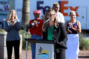 AVONDALE, ARIZONA - NOVEMBER 04: Phoenix Raceway president Julie Giese speaks during the 2021 NASCAR Championship 4 Media Day at the Phoenix Convention on November 04, 2021 in Phoenix, Arizona. (Photo by Sean Gardner/Sean Gardner) | Getty Images