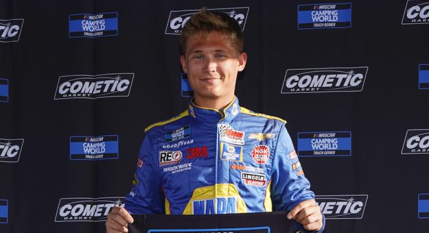 KNOXVILLE, IOWA - JUNE 18: Derek Kraus, driver of the #19 NAPA AutoCare Chevrolet, poses for a photo after winning pole position for the NASCAR Camping World Truck Series Clean Harbors 150 at Knoxville Raceway on June 18, 2022 in Knoxville, Iowa. (Photo by Kyle Rivas/Getty Images) | Getty Images