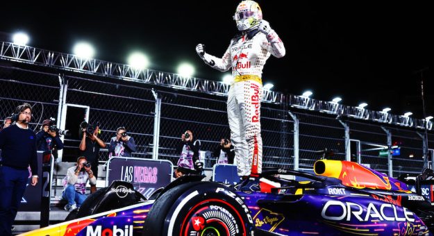 LAS VEGAS, NEVADA - NOVEMBER 18: Race winner Max Verstappen of the Netherlands and Oracle Red Bull Racing celebrates in parc ferme during the F1 Grand Prix of Las Vegas at Las Vegas Strip Circuit on November 18, 2023 in Las Vegas, Nevada. (Photo by Mark Thompson/Getty Images) // Getty Images / Red Bull Content Pool // SI202311190130 // Usage for editorial use only // | Getty Images